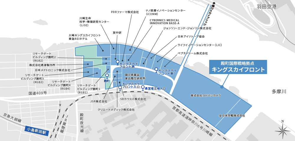 キングスカイフロント周辺地図、京急大師線小島新田駅、隣接バス停含む
